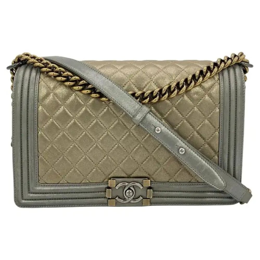 Chanel Gold Silver Leather Medium Boy Bag Classic Flap